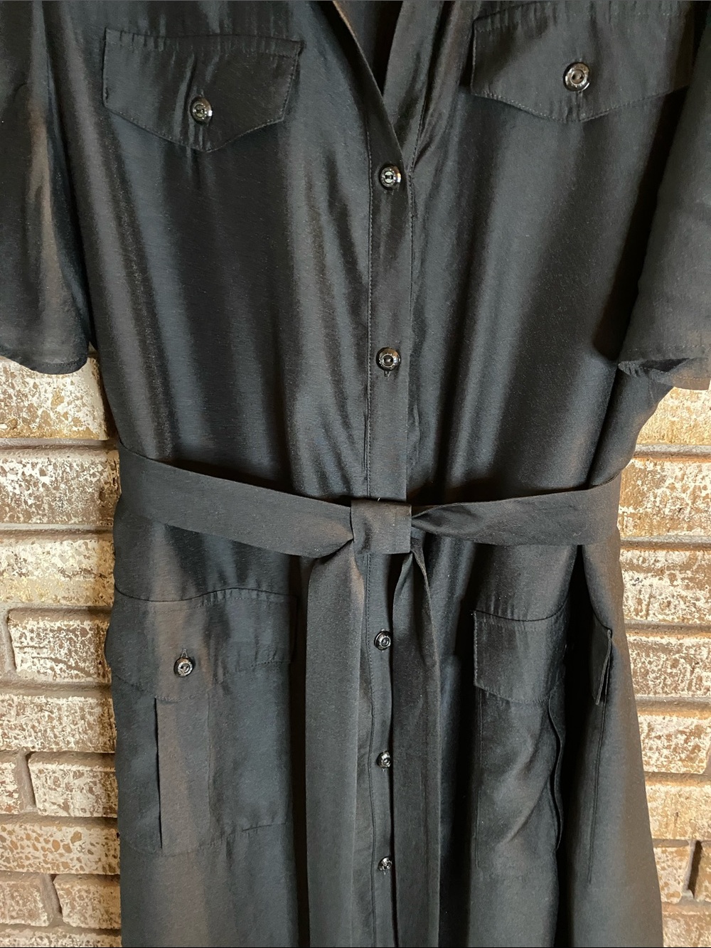 Saks Fifth Avenue Black Button-Front Midi Shirt Dress with Tie & Flutter Sleeve - Picture 3 of 11